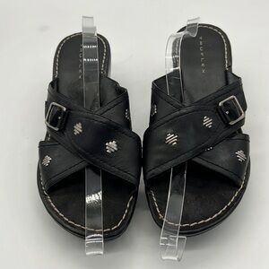 Truflex Black Leather Sandals with Cross Strap and Wedge Heel size 10